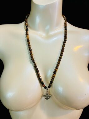 Tiger Eye Bead Necklace with Silver-Tone Cross Pendant with Crowns Brown & Black